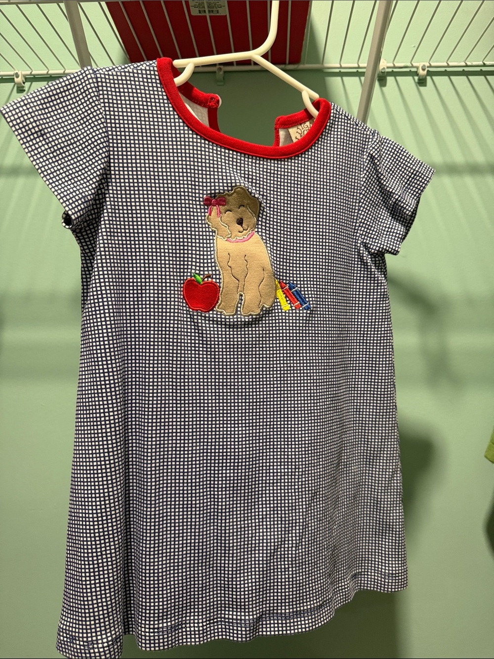 Girls Navy Gingham Dress with Puppy and Apple Applique - Red Trim